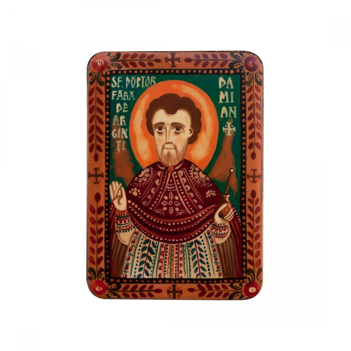 Icoană pe lemn "Sfântul Damian", miniatură, 7x10 cm