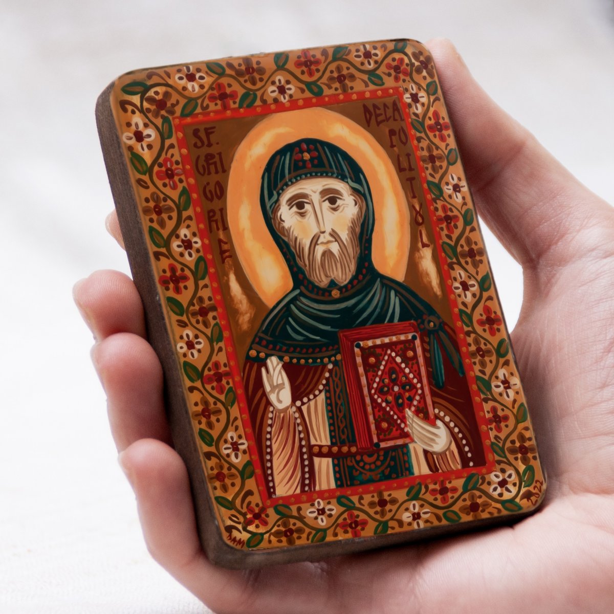 Icoană pe lemn "Sfântul Grigorie Decapolitul", miniatură, 7x10 cm