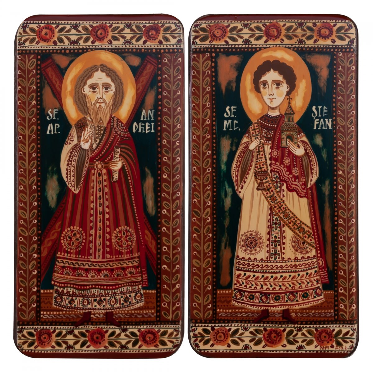 Icoană pe lemn tip diptic "Sf. Andrei și Sf. Ștefan", 2 x 10x20cm