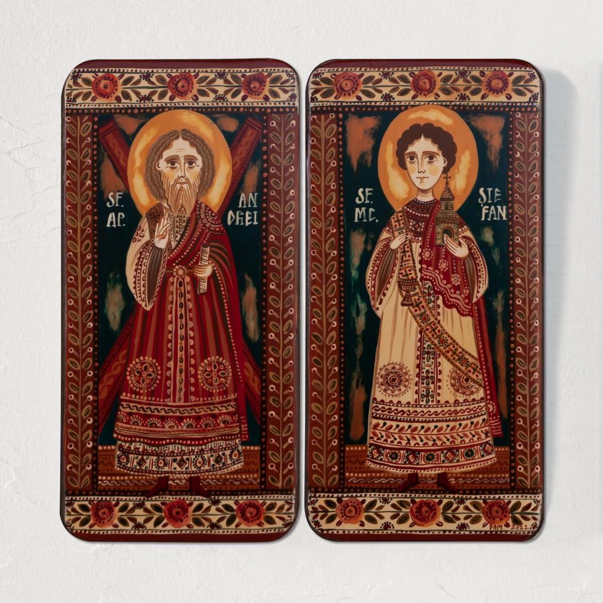 Icoană pe lemn tip diptic "Sf. Andrei și Sf. Ștefan", 2 x 10x20cm