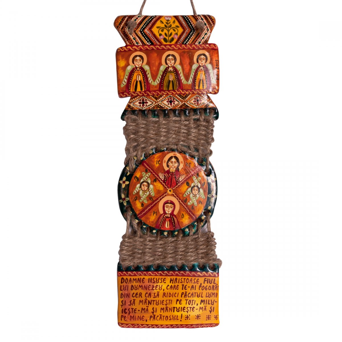 Troiță din lut modelaj, "Iisus Hristos și Maica Domnului", împletitură sfoară, 3 piese, 7x23 cm