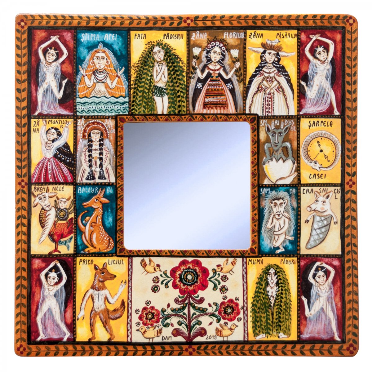 Tablou pe lemn cu oglindă, "Ființe năzdrăvane", 23x23 cm