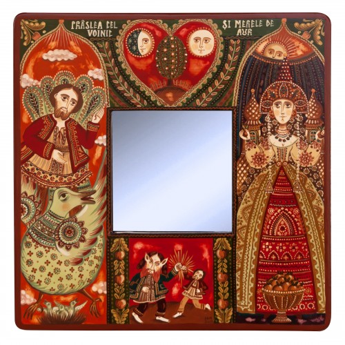 Tablou pe lemn cu oglindă, "Prâslea cel Voinic și merele de aur", 23x23 cm