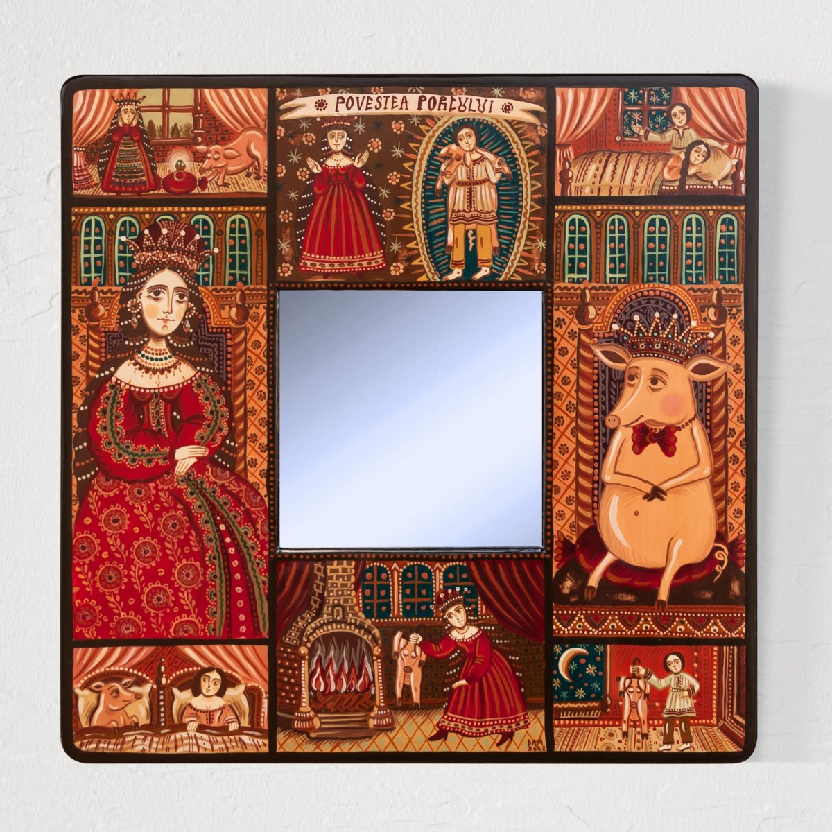 Tablou pe lemn cu oglindă, "Povestea porcului", 23x23 cm