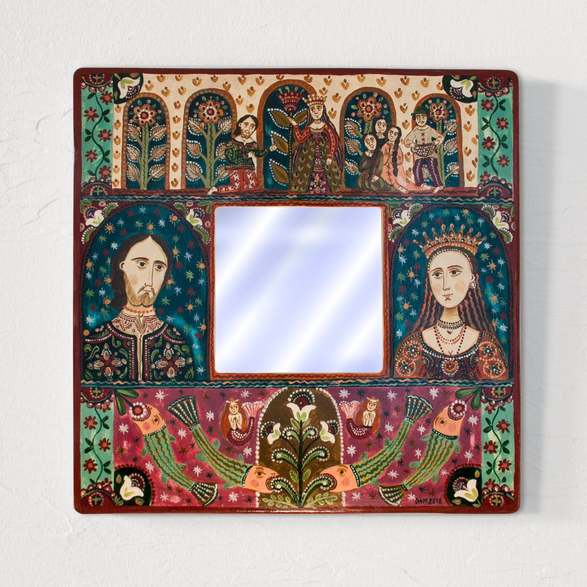 Tablou pe lemn cu oglindă, "Fata de împărat și Pescarul", 23x23 cm