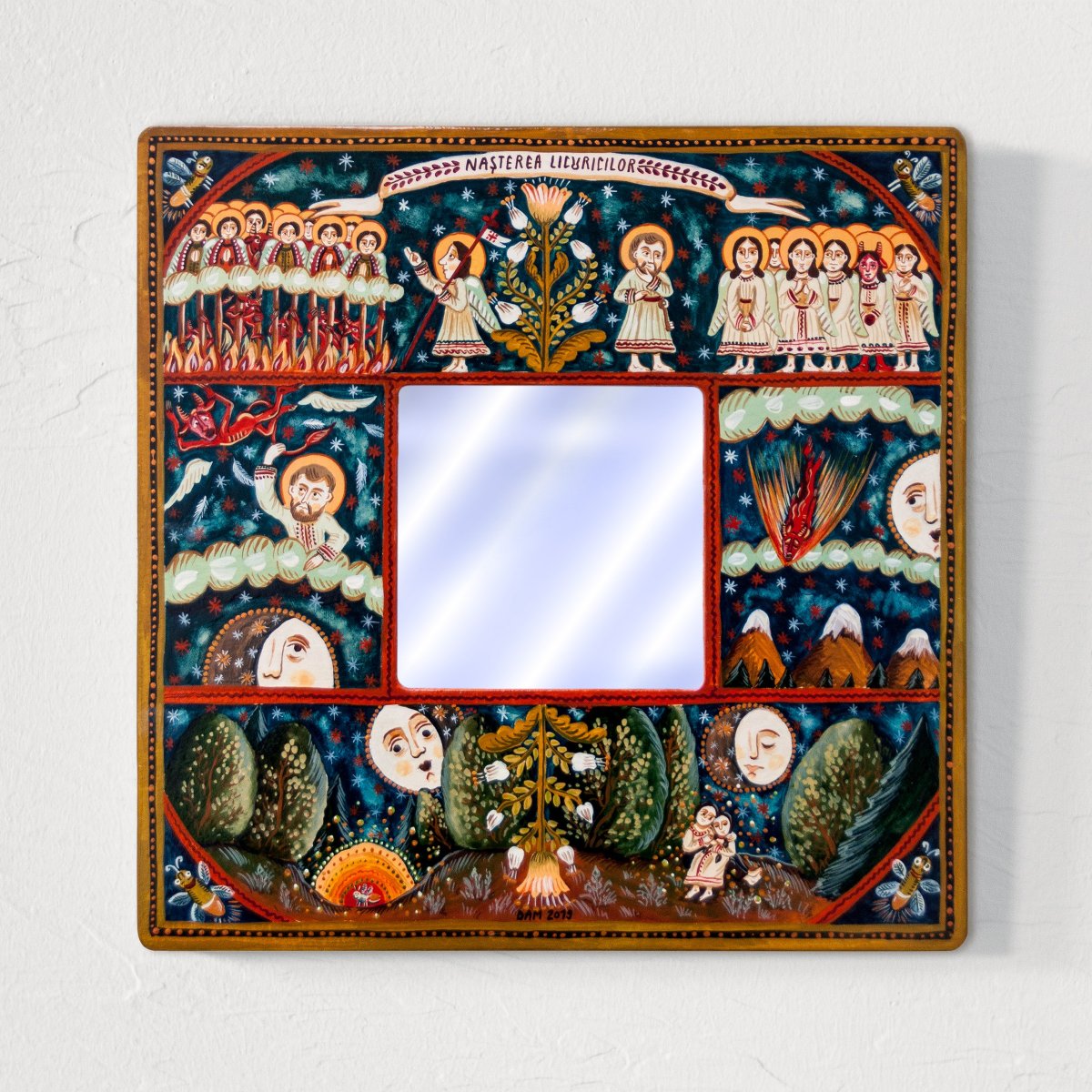 Tablou pe lemn cu oglindă, "Nașterea Licuricilor", 23x23 cm