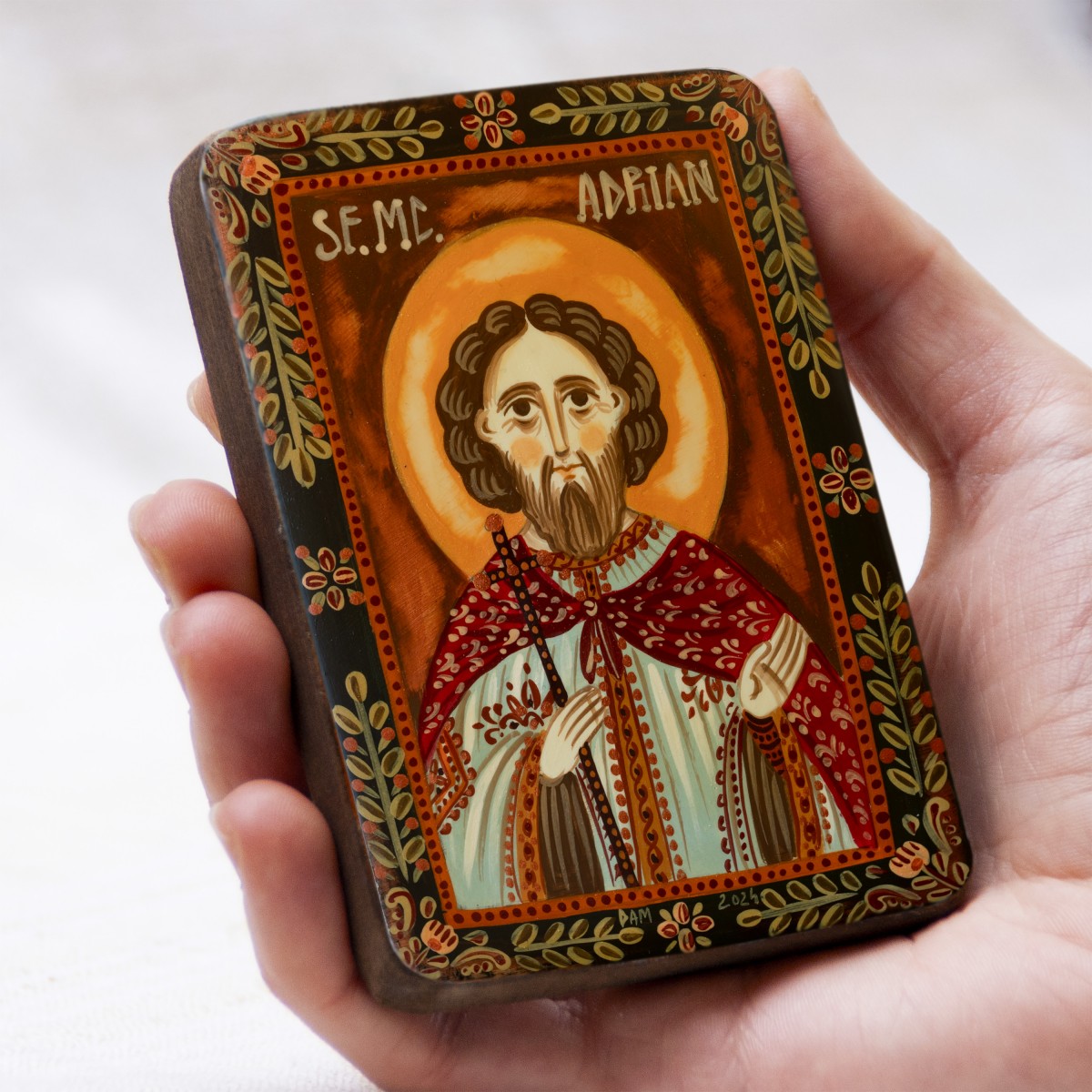 Icoană pe lemn "Sf. Mc. Adrian", miniatură, 7x10 cm