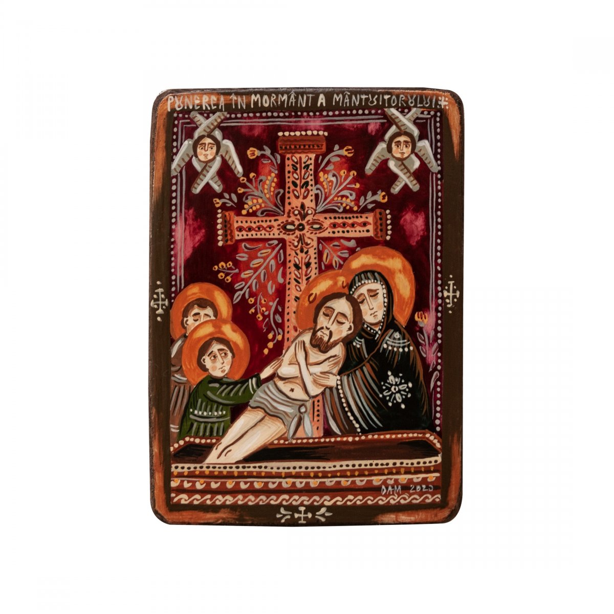 Wood icon, "The Entombment of Christ", miniature, 7x10cm