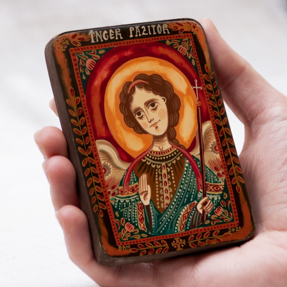 Wood icon, "Guardian Angel", miniature, 7x10cm