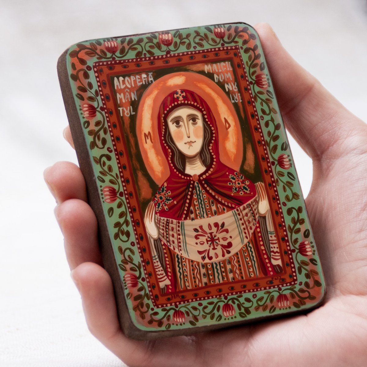 Icoană pe lemn "Maica Domnului cu Sfântul Acoperământ", miniatură, 7x10 cm