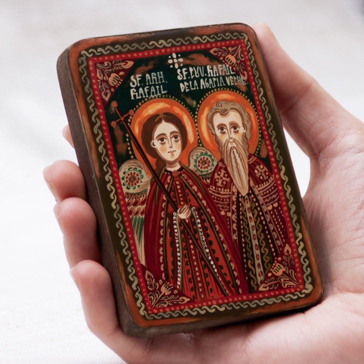 Wood icon, "St. Raphael the Archangel and St. Raphael from Agapia Veche", miniature, 7x10cm