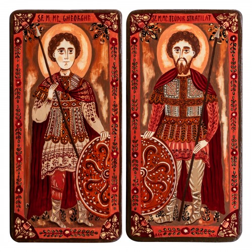 Icoană pe lemn tip diptic "Sf. Gheorghe și Sf. Teodor Stratilat", 2 x 10x20cm