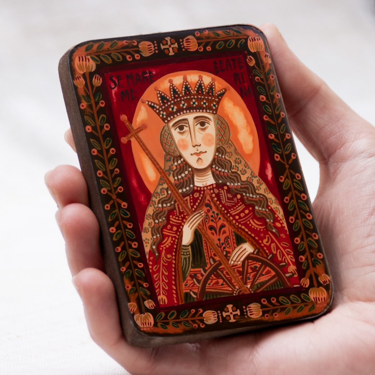 Icoană pe lemn "Sfânta Ecaterina de Alexandria", miniatură, 7x10 cm