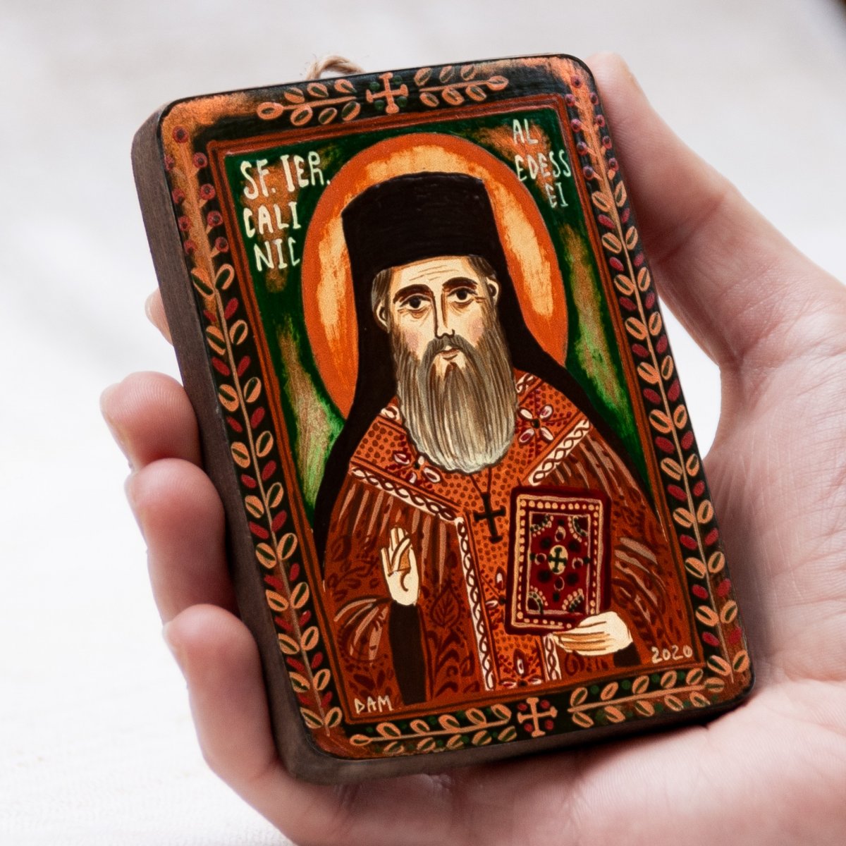Wood icon, "Saint Calinic of Edessa", miniature, 7x10cm
