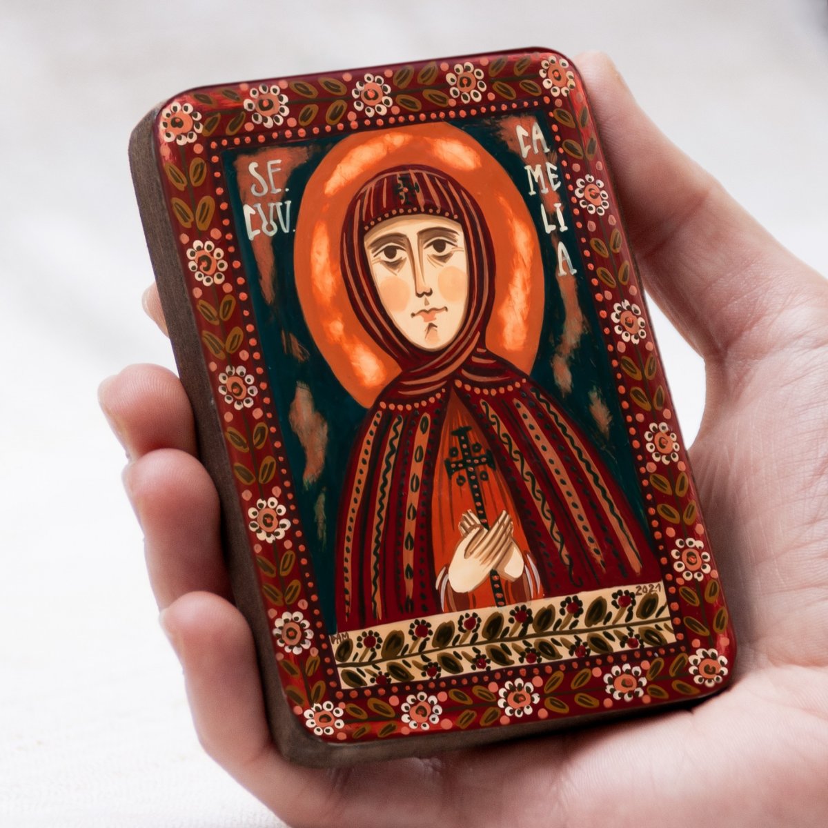 Icoană pe lemn "Sfânta Cuvioasă Camelia", miniatură, 7x10 cm