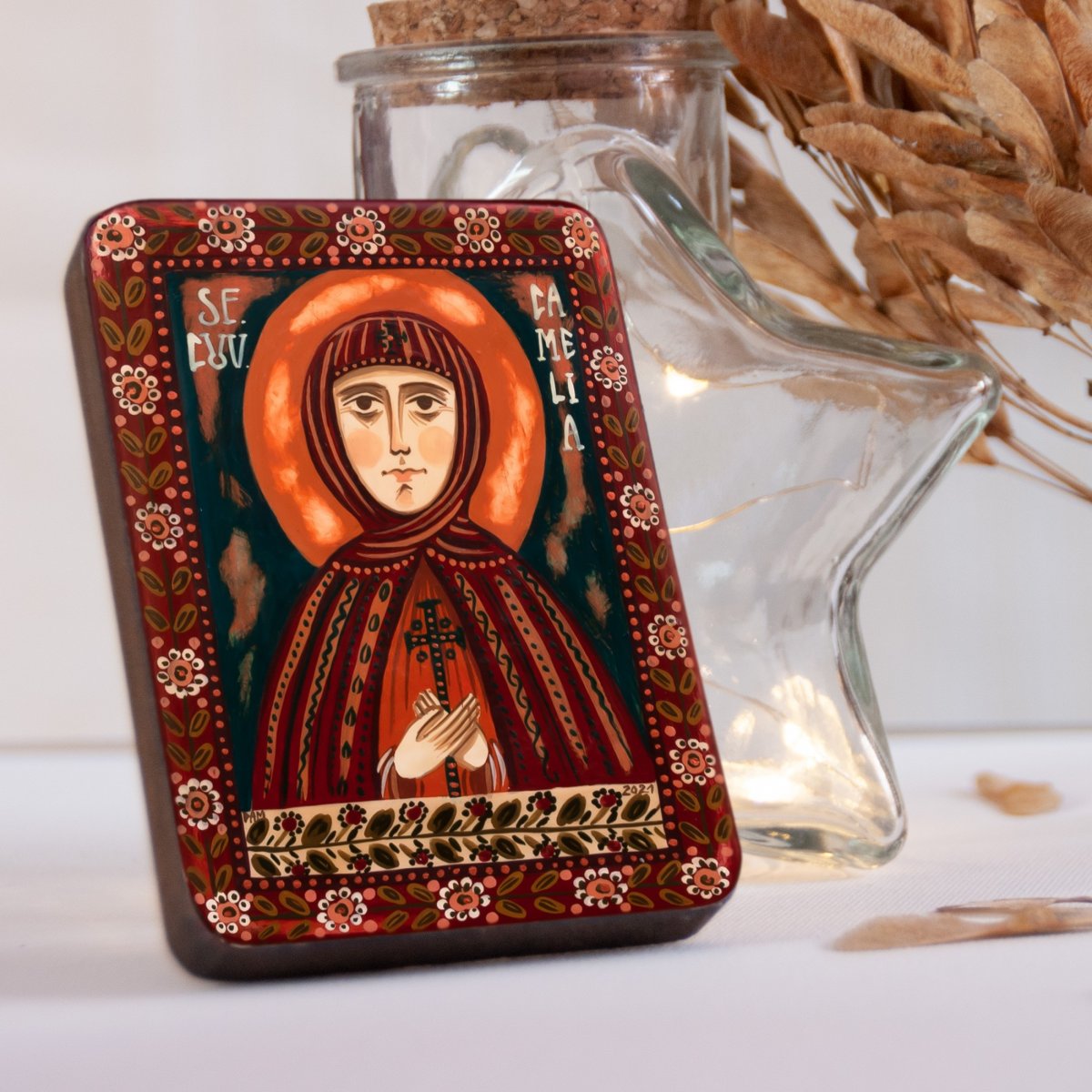 Wood icon, "Saint Camilla", miniature, 7x10cm