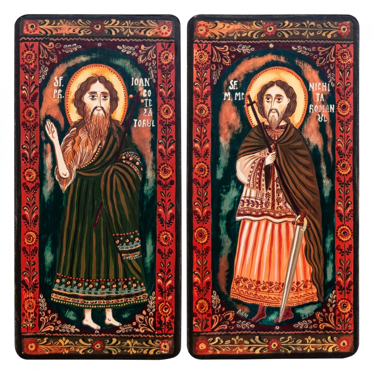 Icoană pe lemn tip diptic "Sf. Ioan Botezatorul si Sf. M. Mc. Nichita Romanul", 2 x 10x20cm